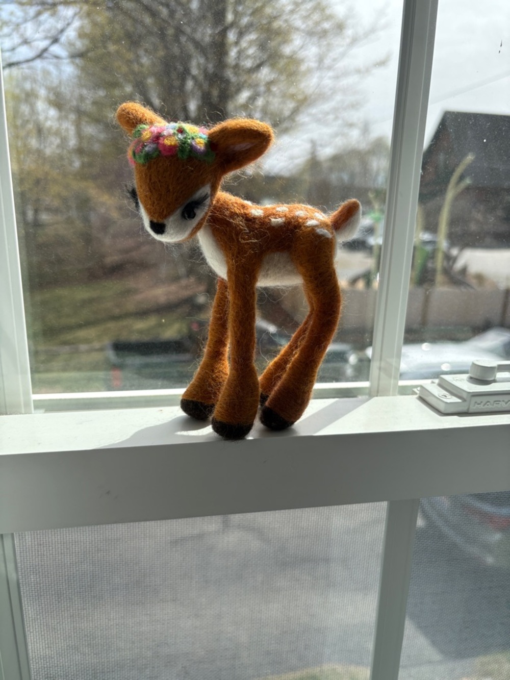 Needle-Felted Fawn Figurine with Floral Crown - Brown